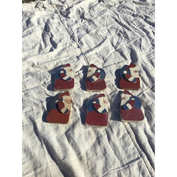 Wooden Santa figurines set of 6 red white blue 5” 5 in patriotic Christmas wood - Picture 1 of 6